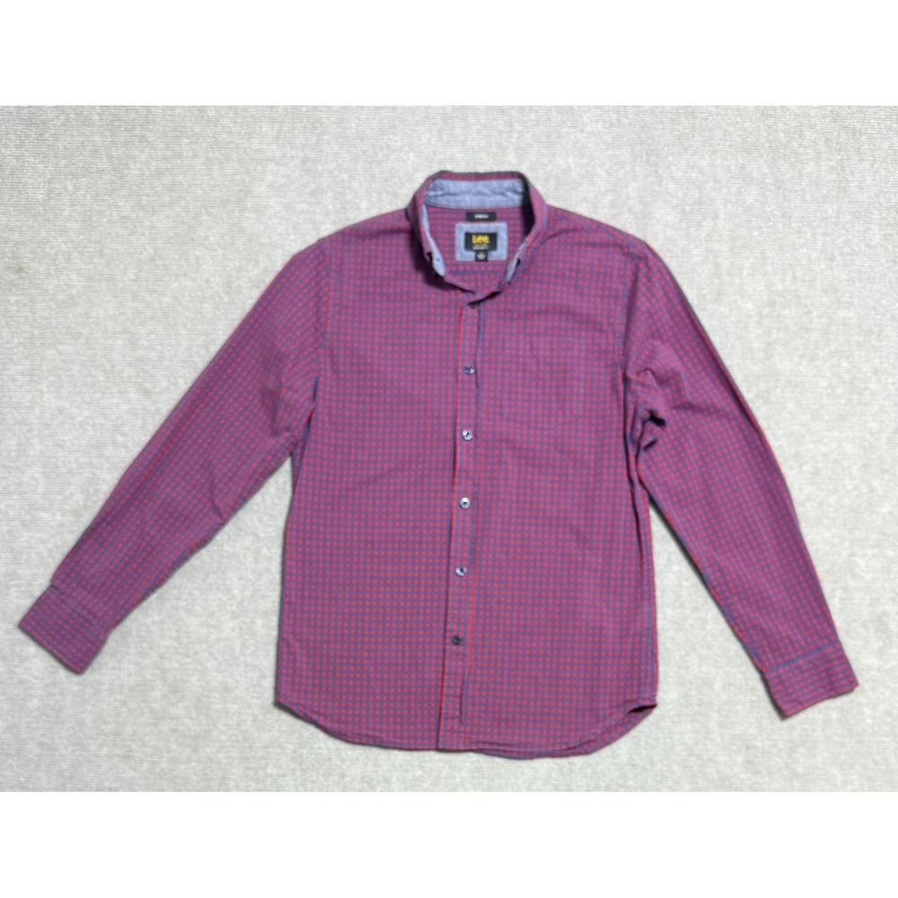 Lee Shirt Mens Small Red Blue Plaid Stretch Regular Fit Long Sleeve‎ Button Down